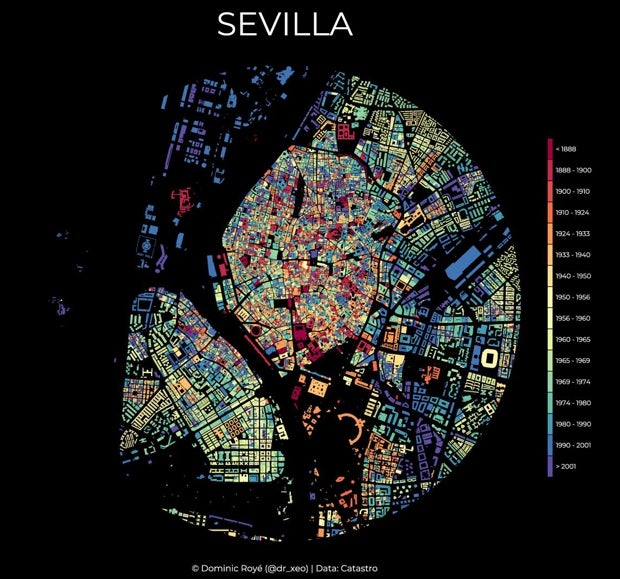 Mira el color de tu calle de Sevilla y sabrás cuándo se construyó