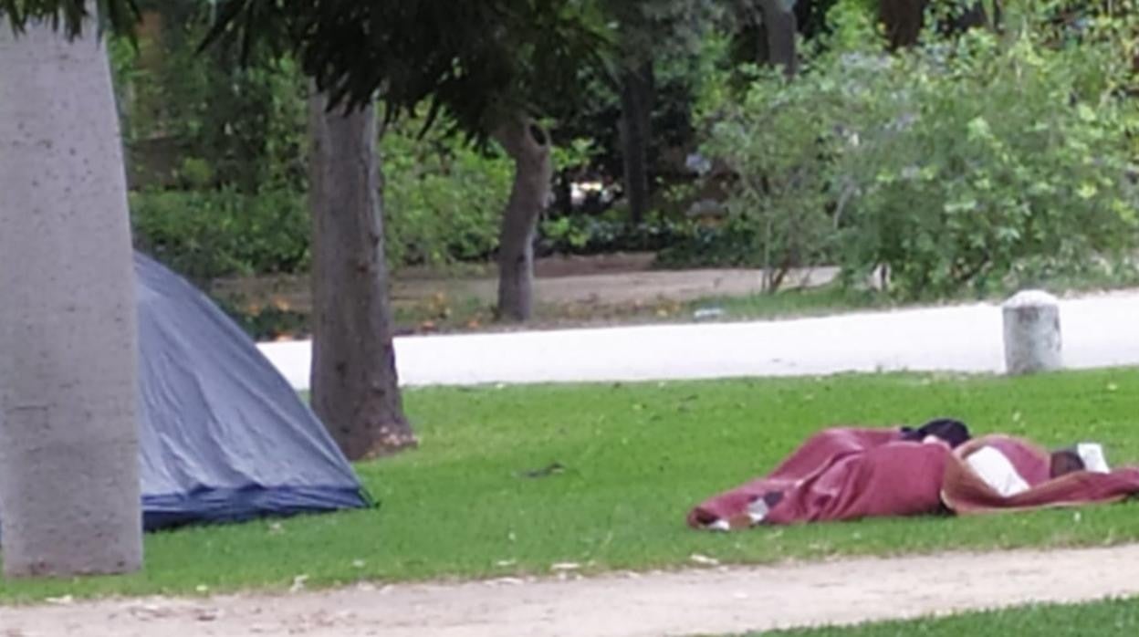 Un grupo de personas acampando en pleno parque de María Luisa