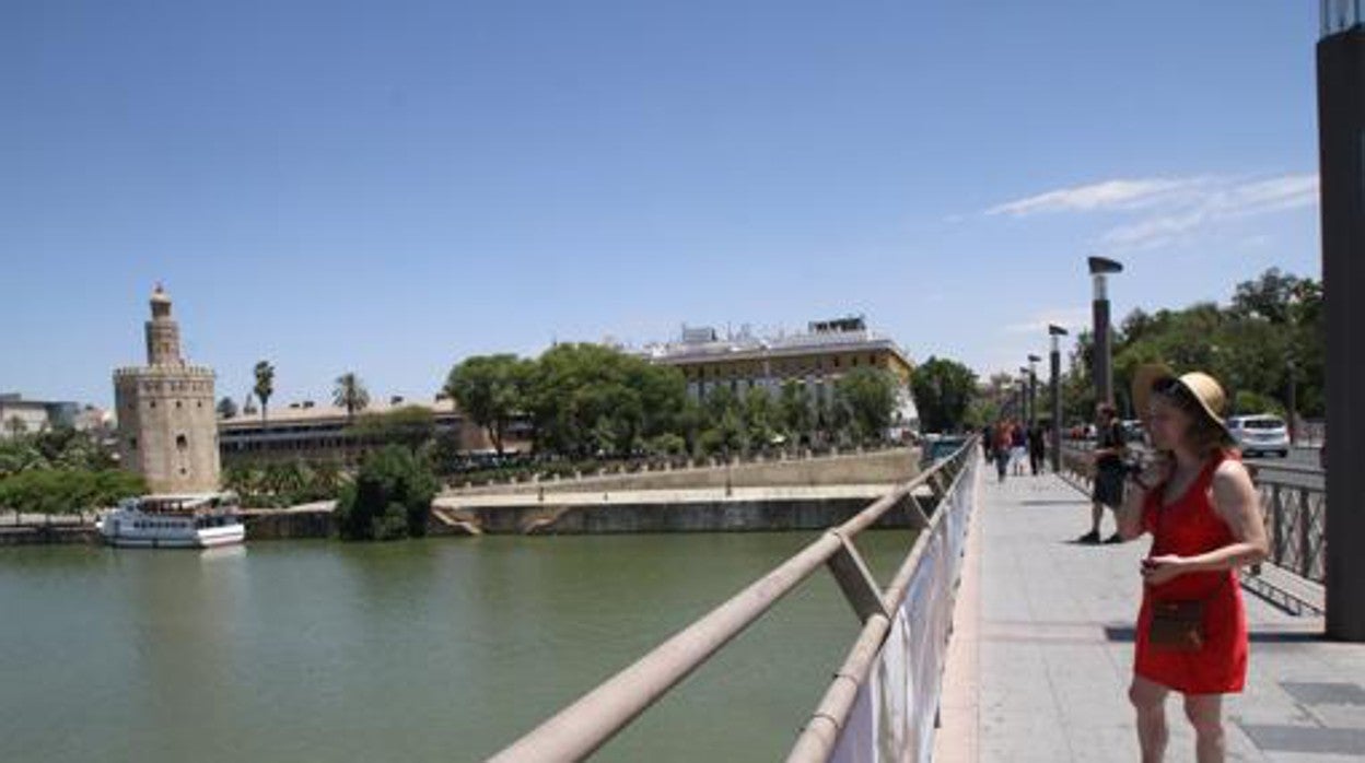 Una chica contempla el Guadalquivir desde el Puente de San Telmo