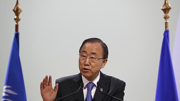 Ban Ki Moon durante su intervención de hoy en la Conferencia del Cambio Climático COP21,