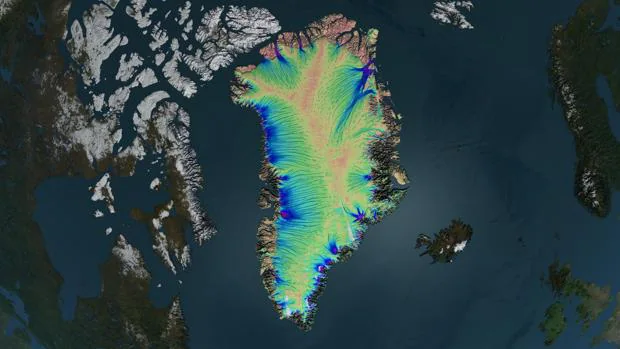 Una imagen de Groenlandia vista en función de la velocidad de avance del hielo en su superficie