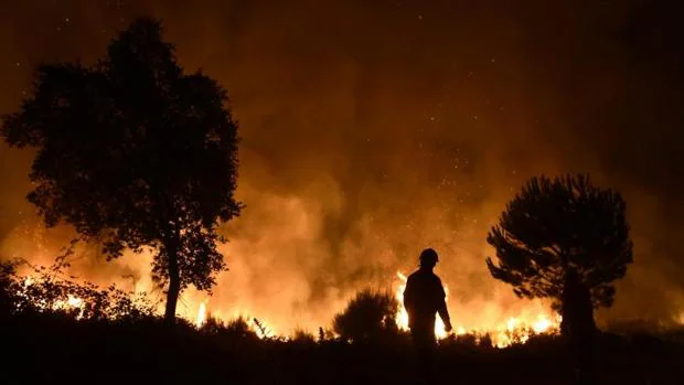 Un bombero trata de apagar las llamas en un incendio producido en Sao Joao do Monte, Portugal