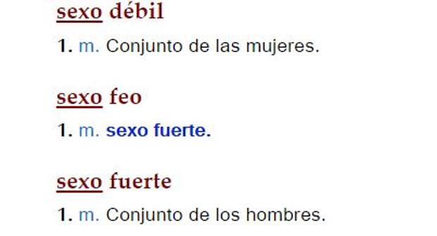 Captura de pantalla con la actual definición de sexo débil y fuerte en el Diccionario de la lengua española digital