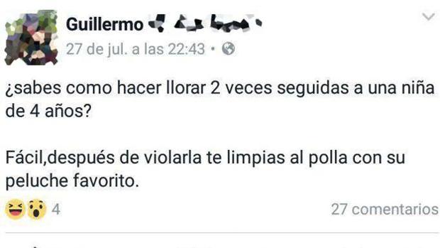 El abominable comentario en Facebook sobre una violación denunciado por «pederasta, machista y violento»