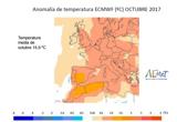 Mapa de las anomalías de temperaturas que habrá el próximo mes. Se espera una anomalía positiva de temperaturas de entre un grado y un grado y medio en la zona del centro y suroeste de la Península