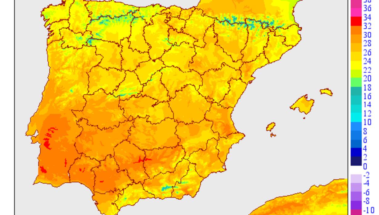 Mapa de temperaturas máximas previstas para este jueves