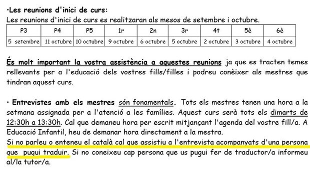 Una escuela de Tarragona pide a los padres que vayan con un traductor a las tutorías si no hablan catalán