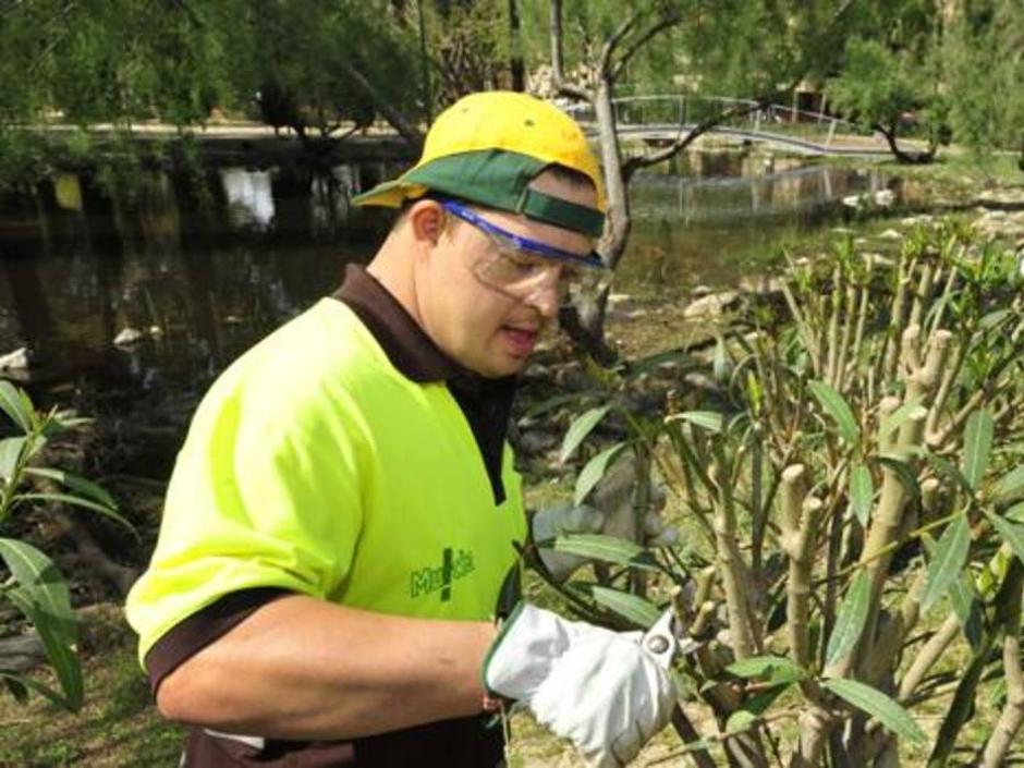 Un joven con síndrome Down trabajando de jardinero