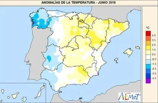 Aomalías de la temperatura en junio de 2019