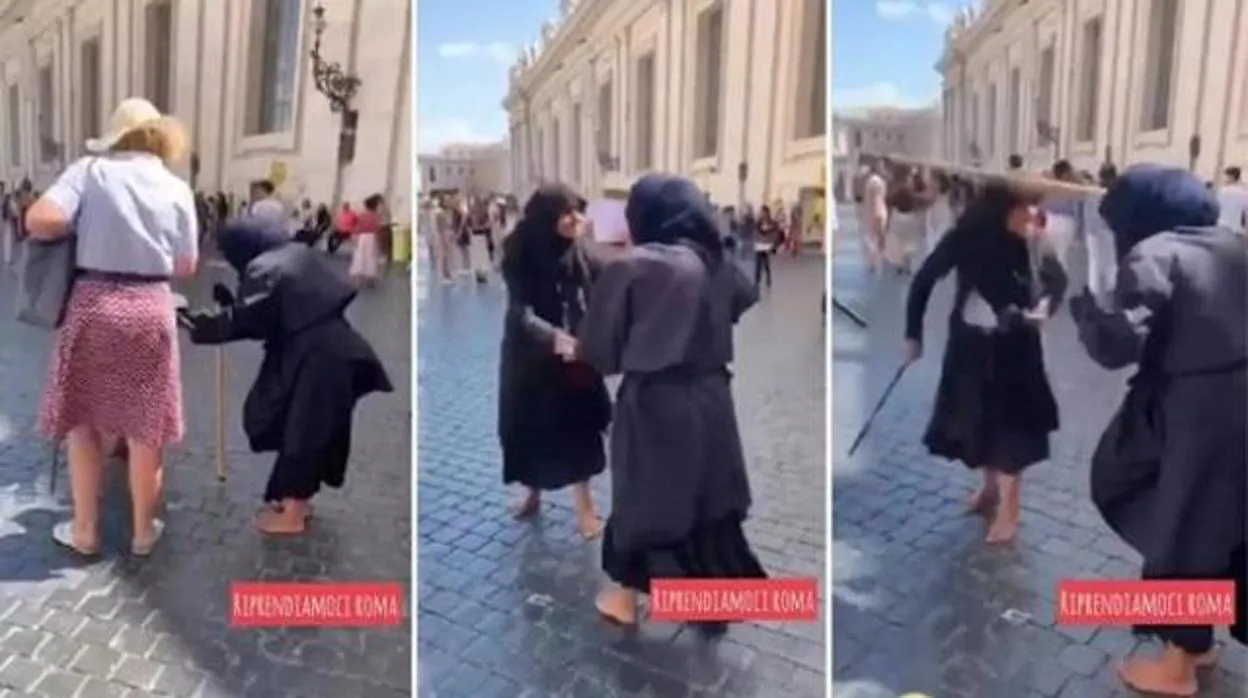 Capturas del vídeo que muestra las dos mendigas peleando