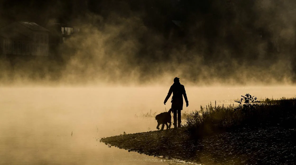 Una mujer y su perro pasean por la orilla del río Elba
