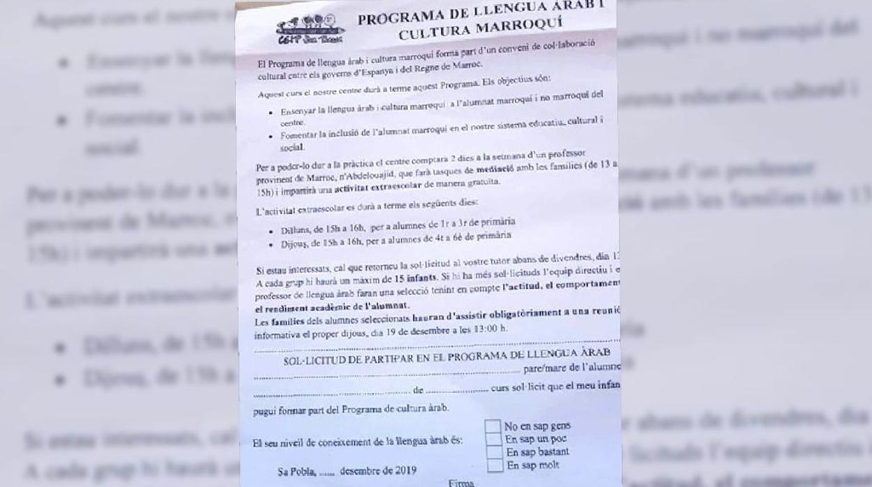 Imagen del folleto informativo en el que se oferta el curso de árabe, cedida por «mallorcadiario.com»