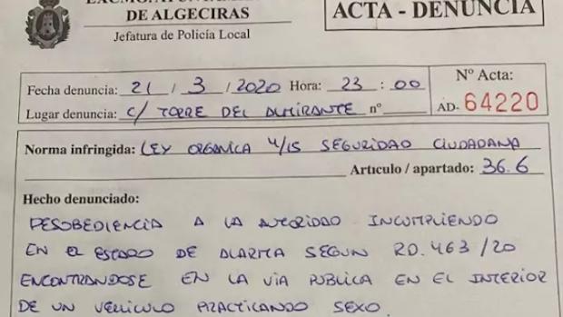 Multada una pareja en Algeciras por practicar sexo en un coche durante el estado de alarma