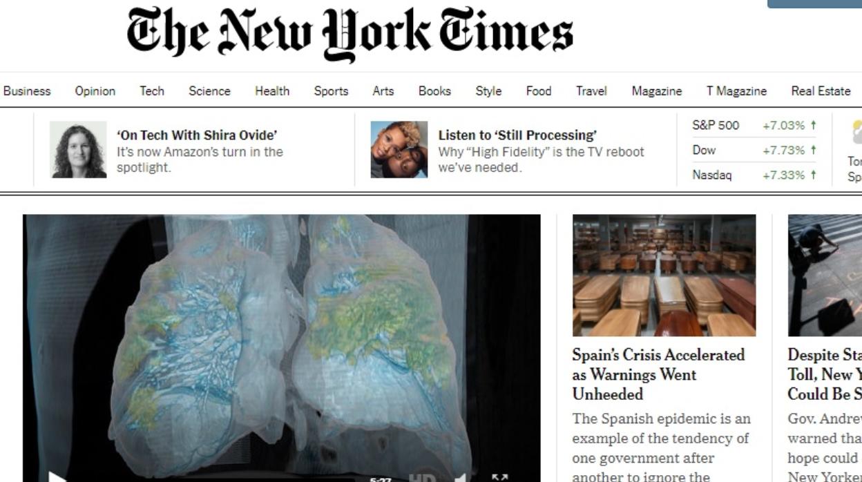 Portada digital de «The New York Times» sobre la crisis del coronavirus en España