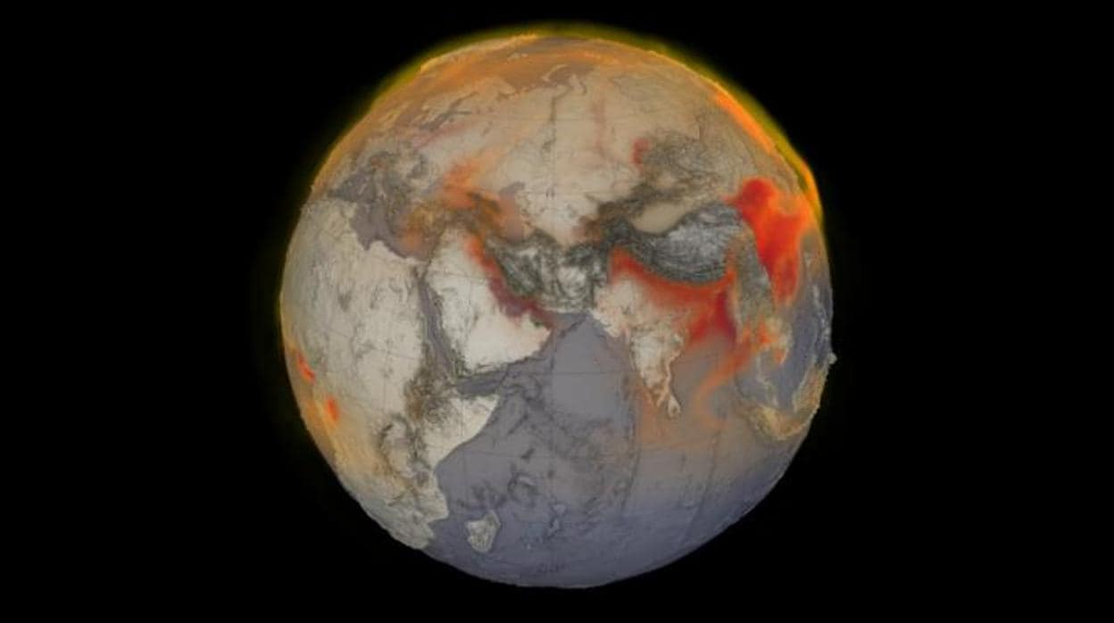 Visualización del metano el 26 de enero de 2018. En rojo las áreas con mayores concentraciones de metano en la atmósfera.