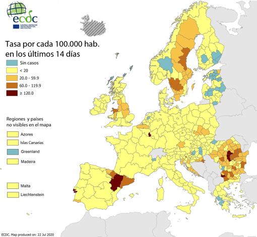 Incidencia acumulada de casos de coronavirus por cada 100.000 habitantes en últimos 14 días