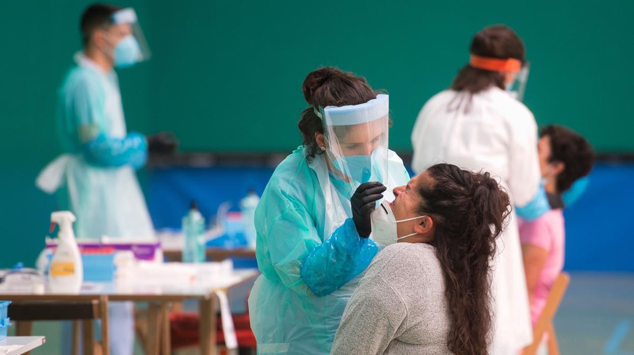 Una trabajadora extrae una muestra de una persona sometida a un test en busca del coronavirus en Getaria, País Vasco, en julio de este año