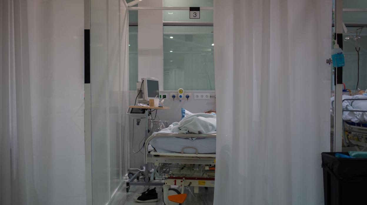 Un enfermo ingresado en uno de los boxes de la Unidad de Cuidados Intensivos –UCI— del Hospital de la Santa Creu i Sant Pau