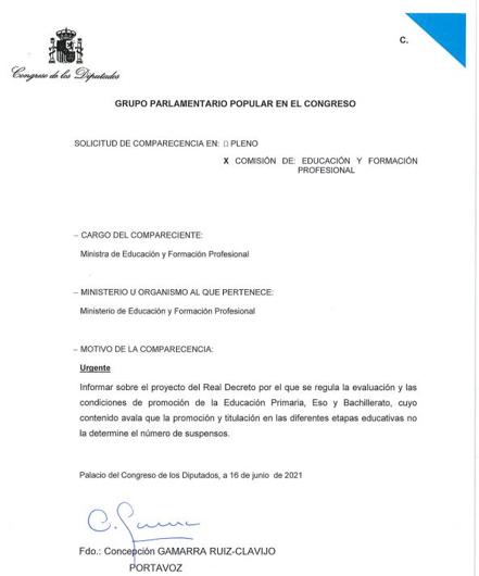 El PP pide la comparecencia urgente de Celaá para explicar el decreto que permite pasar de curso con suspensos