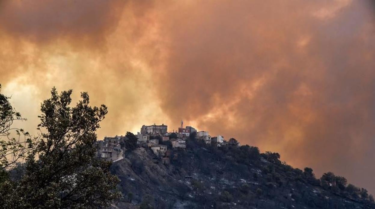 El humo se eleva de un incendio forestal en las colinas boscosas de la región de Kabylie