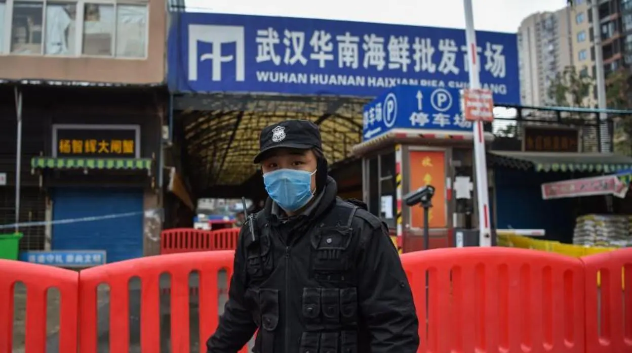 Un policía custodia el mercado de animales vivos de Wuhan, donde pudo haber empezado todo