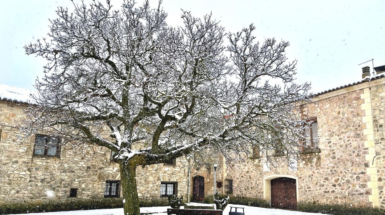 Una plaza del municipio de Medinaceli, Soria, cubierta de nieve, a 23 de noviembre de 2021