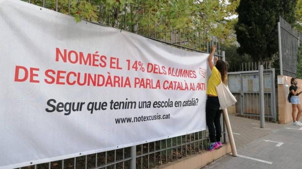 La nueva ofensiva de Plataforma per la Llengua ha inundado de carteles las vallas de los colegios y de mensajes en redes sociales. «Solo el 53% de los jovénes de Barcelona dominan el catalán. ¿Seguro que tenemos una escuela en catalán?», dicen