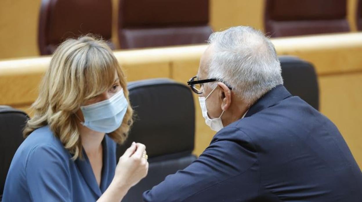 La ministra de Educación y Formación Profesional, Pilar Alegría, habla con el senador socialista José Asensi, quien presentó el dictamen a la norma a cargo en el pleno del Senado que debate el proyecto de la Ley de Formación Profesional, ayer en Madrid