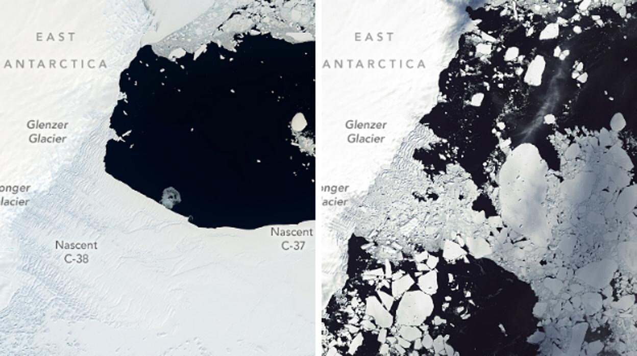 Antes y después (9 de enero frente al 22 de marzo) de la plataforma de hielo colapsada