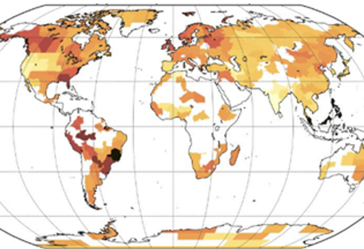 Mapa que muestra la magnitud de los mayores extremos de temperatura desde 1950 en cada región, expresado en términos de desviación de las temperaturas medias. Los colores más oscuros indican mayores extremos