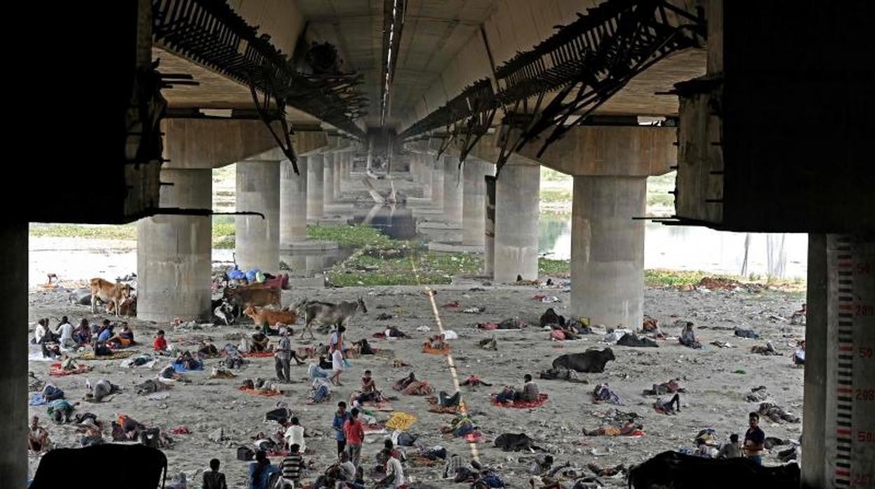 Personas sin hogar se resguardan del calor debajo de un puente en Nueva Delhi (India)