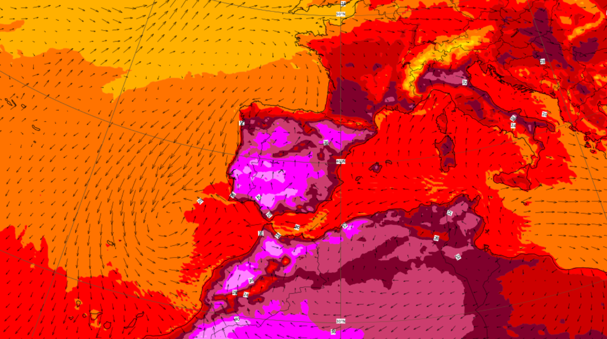 Previsión de temperaturas en superficie el sábado a las 13 horas