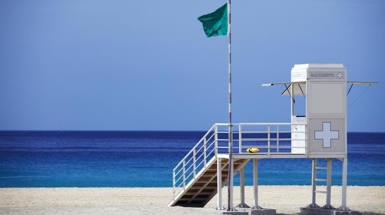 Una playa con bandera verde.