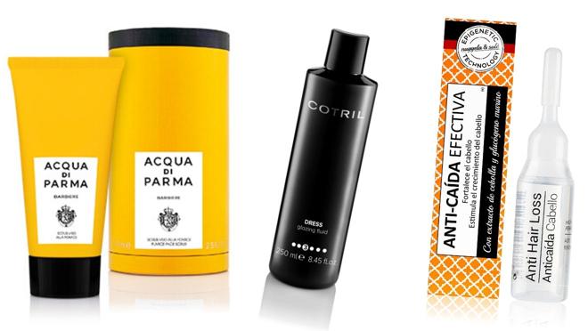 De izda. a dcha.: Exfoliante facial con piedra pómez Barbiere de Acqua di Parma (32€). Fluido de peinado Dress con efecto natural, de Cotril (13,20 €). Ampolla anticaída, de Nuggela & Sulé (5,40 €).
