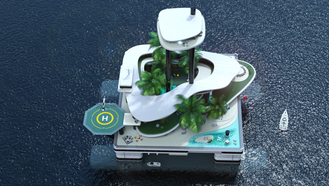 La isla-yate incluye un helipuerto