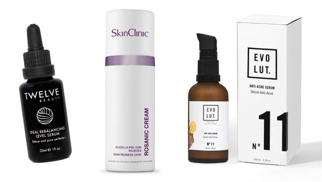 De izda. a dcha.: Sérum Ideal Rebalancing Level de Twelve Beauty, ideal para piel mixta, grasa o sensible (64€). Rosanic Cream de SkinClinic, para calmar irritaciones y rojeces (39,60€). Sérum antiacné Evolut Nº 11 de Kriim Natural Cosmetics (34€).