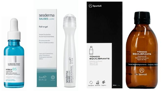 De izda. a dcha.: Serúm antiedad, calmante y reparador Hyalu B5 de La Roche-Posay (49,10€). Gel en roll on para pieles con acné Salises Lauric de Sesderma (19,95€). Tónico Equilibrante y revitalizante de 5punto5 (28€).