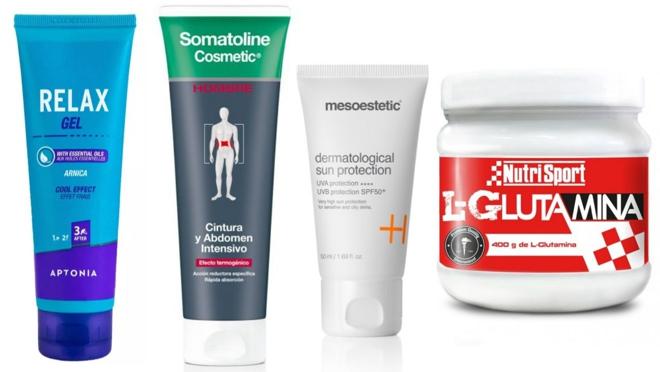 De izda. a dcha.: Gel de masaje relajante efecto frío, de Decathlon (5,90€). Crema reductora para cintura y abdomen, de Somatoline (49,90€). Protección solar muy alta para pieles sensibles, mixtas y grasas, de Mesoestetic (44,50€). L-Glutamina, de Nutrisports (37,50€)