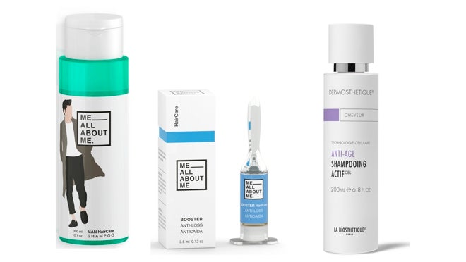 De izquierda a derecha: champú para hombre (11 euros) + booster Anticaída (7,80 euros) de Me All About ME; champú Anti-Age Dermosthétique Actif de La Biosthetique (29 euros)