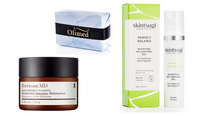 De izquierda a derecha: Gel-Crema hidratante Hyaluronic Intensive Moisturizer de Perricone MD (90 €); Jabón facial de arcillas para pieles grasas de Olimed (10 €); Perfect Balance Matifying Oil-Control Gel con ácido salicílico de Skintsugi (11,95 €).