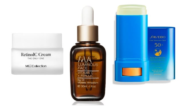De izquierda a derecha: Retinol C Cream, The Only One de Marta Garcia Collection (90 €); Sérum Vitamin C + Ferulic Luminous Face del doctor Amselem (100 €); Protector solar transparente en formato stick Clear Suncare Stick SPF50+ de Shiseido (35,50 €).