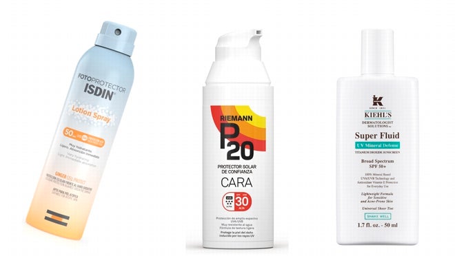 De izquierda a derecha: Fotoprotector Isdin Lotion Spray SPF 50 (24,55 €); Protector solar cara SPF 30 de P20 Riemann (13 €); Protector solar para rostro y cuello Ultra Light Daily UV Mineral Defense SPF 50 de Kiehl's (44 €).