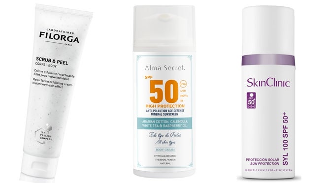 De izquierda a derecha: Exfoliante Scrub & Peel de Filorga (24,90 €); Crema corporal con alta protección solar SPF 50 de Alma Secret (22,50 €); Protector solar SYL 100 SPF50+ de SkinClinic (27,50 €).