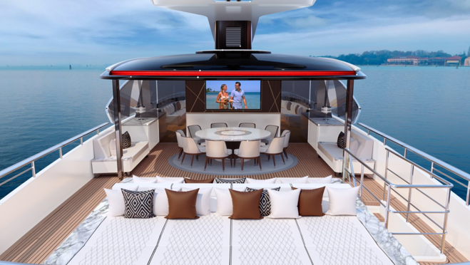 La zona exterior cuenta con dos pantallas de 75 pulgadas para disfrutar del mejor cine