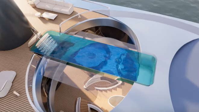 La infinity pool de vidrio está supendida en la cubierta superior