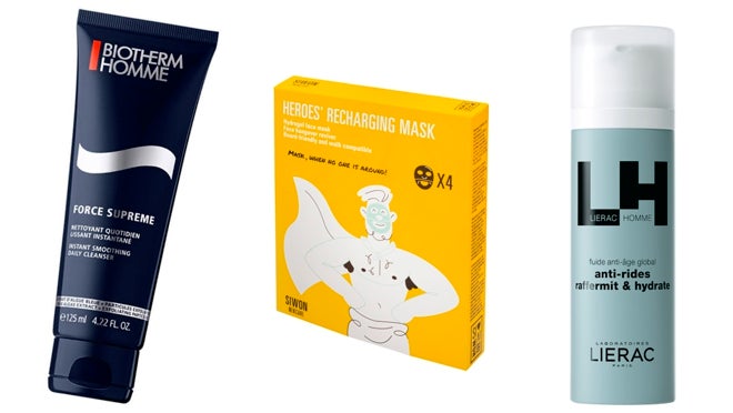 De izquierda a derecha: Gel limpiador facial con efecto alisador Force Supreme de Biotherm Homme (40 €); Mascarilla facial de hidrogel efecto recarga-pilas de Siwon (28,95 €, pack de 4); Fluido antiedad global de Lierac Homme (29,90 €).