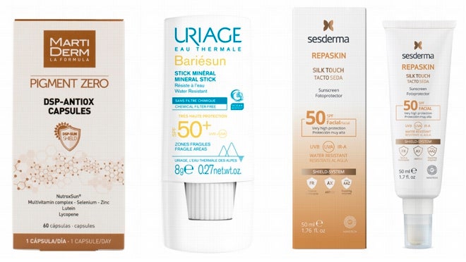 De izquierda a derecha: Complemento alimenticio Pigment Zero DSP-Antiox Capsules de Martiderm (27,90 €); Protector facial Bariésun Stick Mineral SPF50 + de Uriage (12 €); Fotoprotector facial Respaskin Tacto Seda SPF 50 de Sesderma (25,96 €).