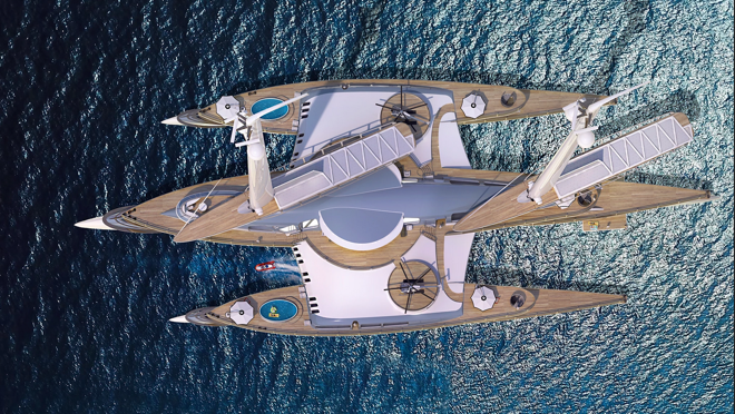 Lo mejor de este trimarán es su beach club y sus piscinas