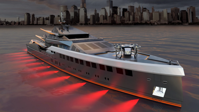 Esta embarcación tiene helipuerto y un garaje de manga completa en la popa