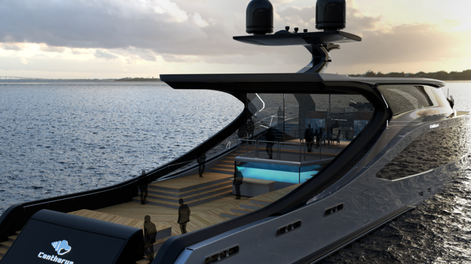 Esta embarcación cuenta con una zona de entretenimiento con jacuzzi, barra de bar y cabina de dj